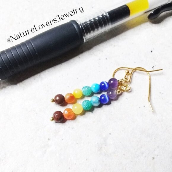 7 Chakra Earrings! Dainty + Slim Dangle Earrings with Semi-Precious Stones - Picture 3 of 9